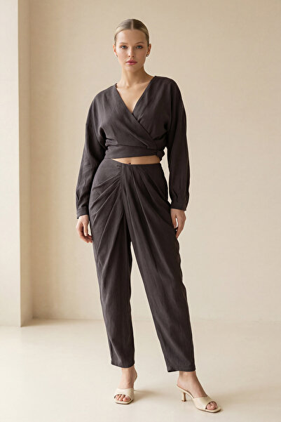 Setre Acı-Kahve Drape Detaylı Rahat Kesim Cepli Pantolon