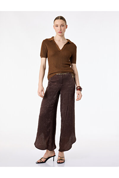 Koton Pantaloni de damă maro texturati cu talie înaltă 6SAK40134UW