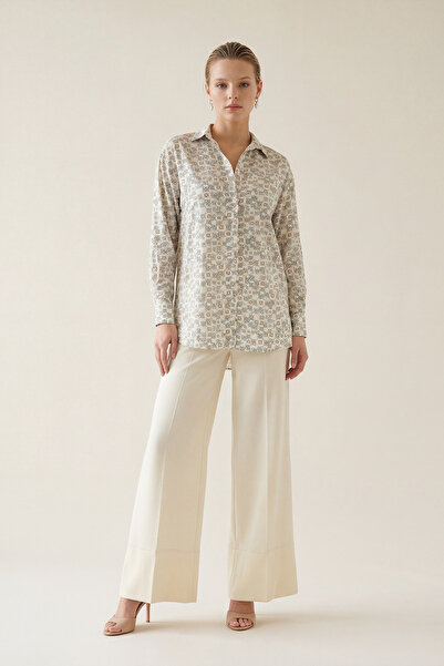 Setre Ekru-Gri Desenli Rahat Kesim Uzun Kollu Gömlek