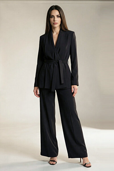 Setre Siyah Yaka Detaylı Belden Kemerli Ceket Yandan Lastik Detaylı Rahat Kes...