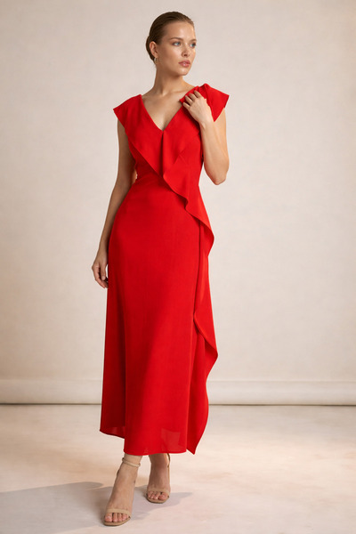 Setre Kırmızı V Yaka Kolsuz Asimetrik Detaylı Midi Boy Elbise