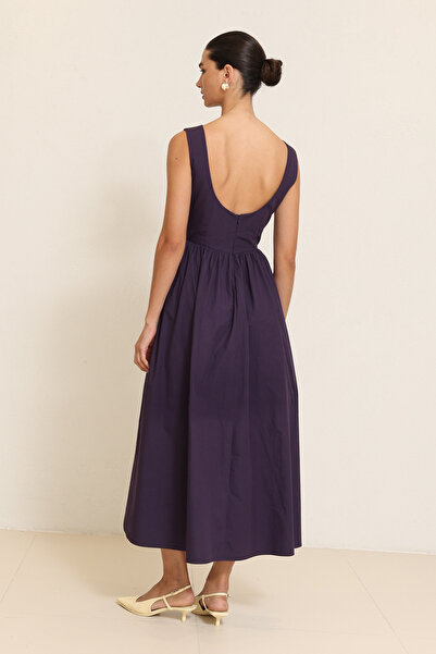 Setre Mor Kolsuz Belden Oturtmalı Midi Boy Elbise