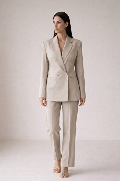 Setre Beige Double-Breasted Buttoned Jacket and Trousers Set