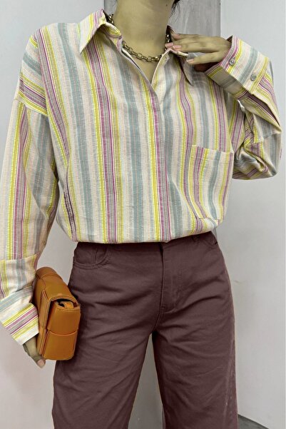 HİJABAYA Tek Sa džepovima reljefna Prugasto Oversize kroj košulja