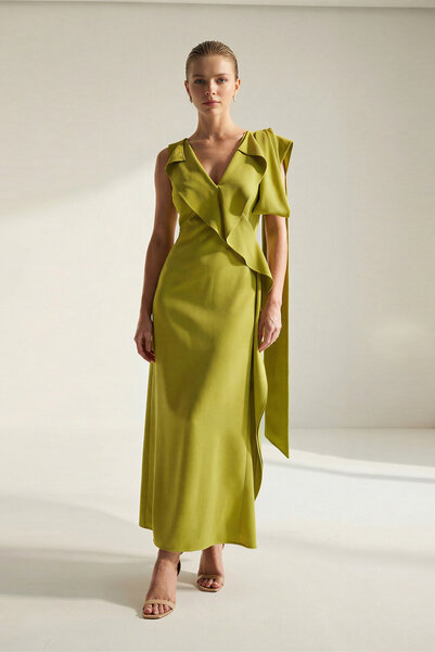 Setre Oil Green V-Neck Sleeveless Asymmetrical Detailed Midi Dress