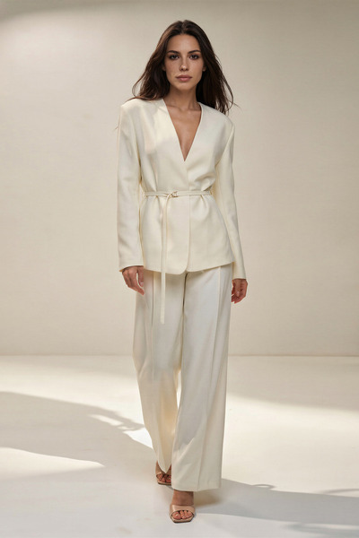 Setre Cream Waist Detailed Jacket and Trousers Set