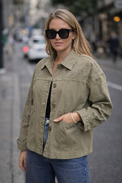 JANNA BUDAK BOUTİQUE Desenli Oversize Kadın kot Ceket – Haki