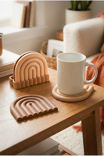 Puffin Design Rainbow Set of 4 Coasters (Pastel Brown - Beige Color)