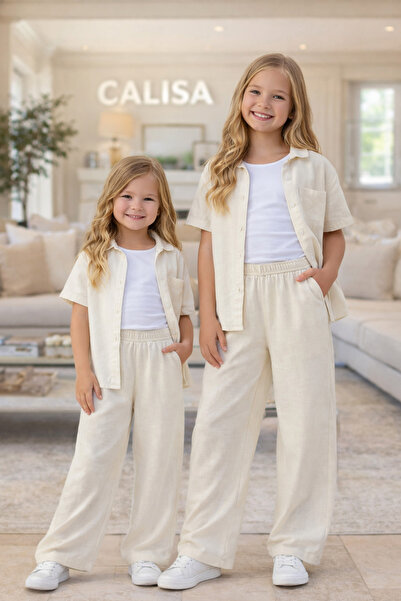 CALİSA Girl's Muslin Linen Shirt Linen Palazzo Trousers Suspended Bodysuit 3-...
