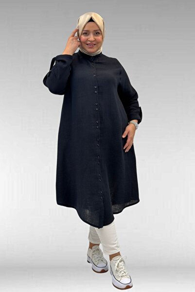 Eslina 58092 Büyük Beden Çift Düğme Detaylı Müslin Gömlek - Siyah