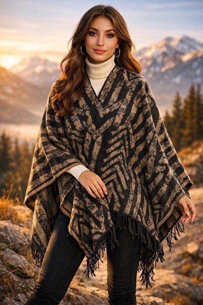 ALDAİR Kadın Kışlık Çift Taraflı Panço Omuz 140x140