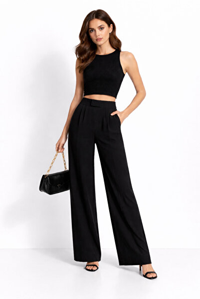 Adeyo Store Kadın Cırtlı Yüksek Bel Bol Paça Palazzo Pantolon