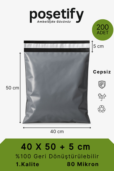 POŞETİFY Cepsiz Kargo Poşeti | 40x50x5 cm | 200 Adet | Gri | 80 Mikron | Büyü...