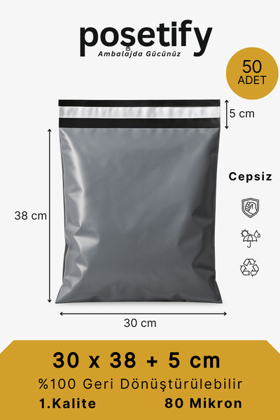 POŞETİFY Cepsiz Kargo Poşeti 30x37x5 cm | 50 Adet | E-Ticaret Poşeti | Gri | ...