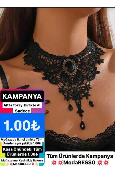 modares Vintage Siyah Dantel Gotik Kolye - Dantel Choker Kolye Ayarlanabilir ...