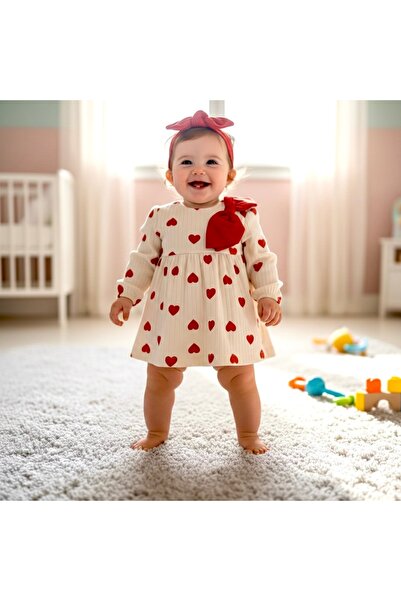 BEREN Kız Bebek Bayramlık Kalp Desenli Fiyonk Detaylı Fitilli Örme Elbise ve ...