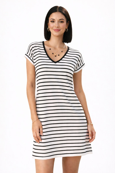 trendalisse Γυναικείο μαύρο ριγέ φαρδύ καλοκαιρινό φόρεμα με λαιμόκοψη V