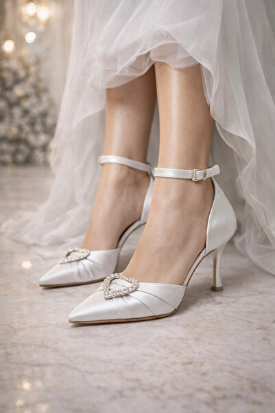 Firibu White Satin Bridal Shoes |   Ankle Strap Pointed Toe Stone Buckle 7 cm