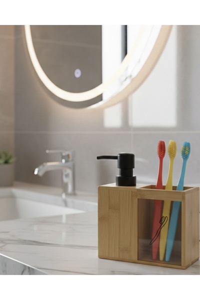 BAROTTİ Bamboo Bathroom Set |   Liquid Soap Dispenser and Toothbrush Holder S...