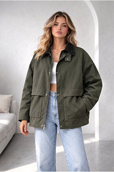 REGOS Haki Regular Fit Kadife Yaka ve Çıtçıt Detaylı Unisex Mevsimlik Mont&Ceket