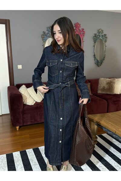 moda gk Belted Button Detailed Denim Dress - Perfect Fit