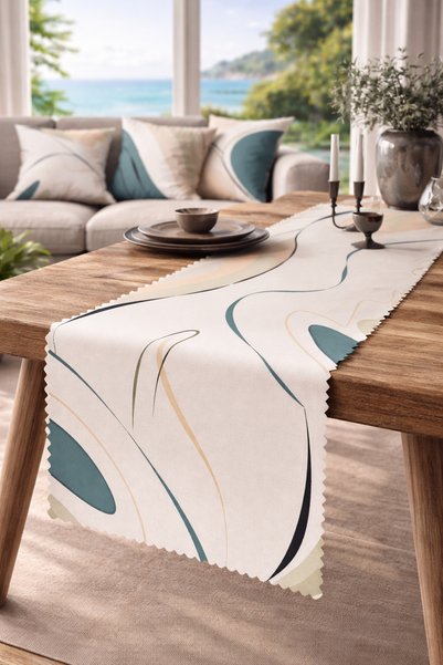 SasoHome Modern Krem - Turkuaz Sürreal Çizgiler Desenli Dijital Baskılı Dekoratif Runner