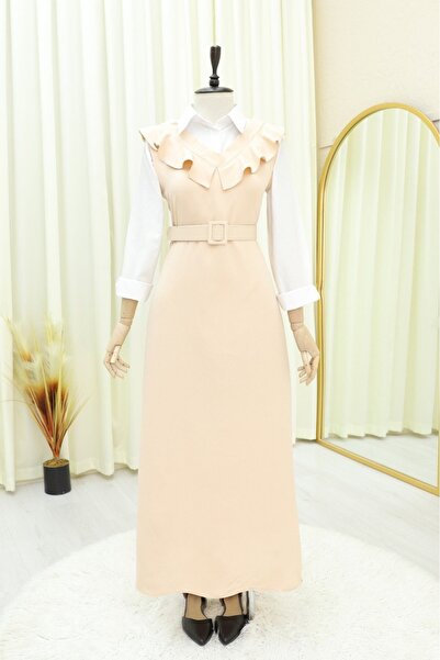 Modamorfo Yakası V Kemerli Uzun Jile Elbise -Krem