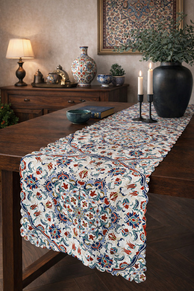 SasoHome Etnik Modern Osmanlı Çini Motifleri Tasarımlı Dijital Baskılı Runner...