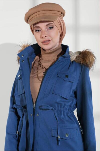 TRENDTESETTÜR KADIN LACİVERT (İNDİGO) İÇİ KÜRKLÜ BELİ BÜZGÜLÜ KABAN 2080