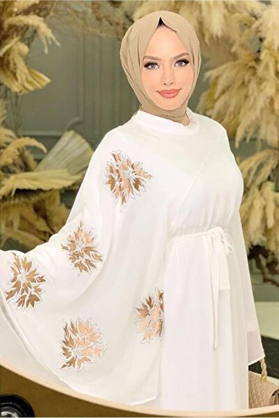 TRENDTESETTÜR KADIN KREM DESENLİ YARASA KOL ELBİSE T 9353