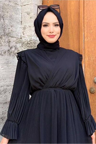 TRENDTESETTÜR KADIN SİYAH PİLİSELİ ŞİFON ELBİSE T 4263