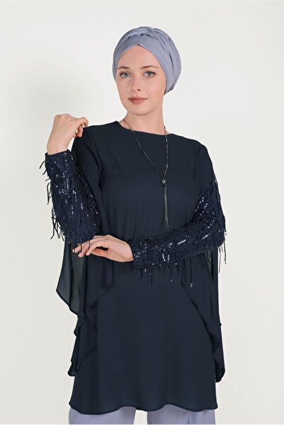 TRENDTESETTÜR KADIN LACİVERT (K.LACİVERT) KOLLARI PÜSKÜLLÜ TUNİK 40562