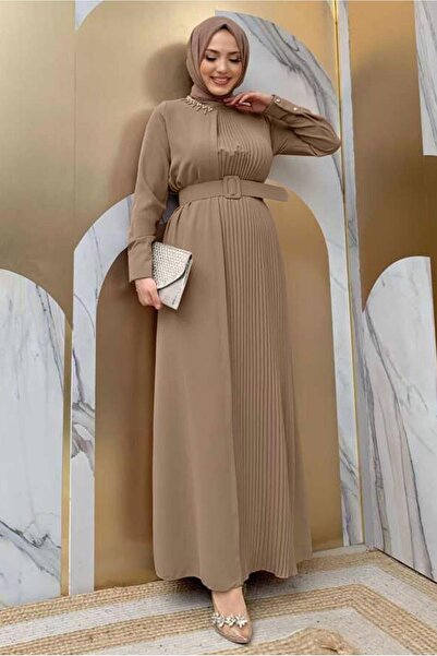 TRENDTESETTÜR KADIN VİZON YAKASI TAŞLI PİLİSELİ ELBİSE T 5283