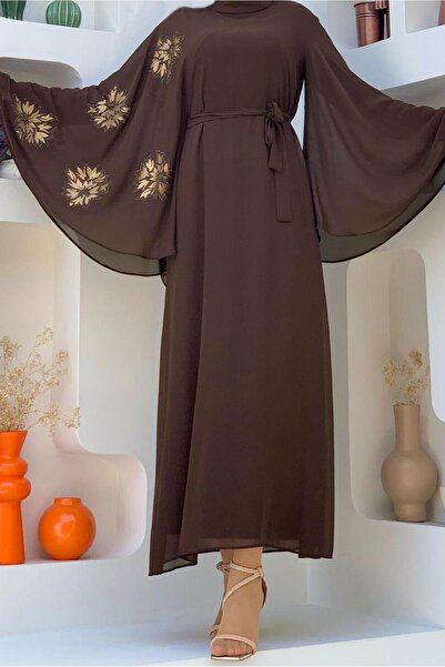 TRENDTESETTÜR KADIN KAHVE DESENLİ YARASA KOL ELBİSE T 9353