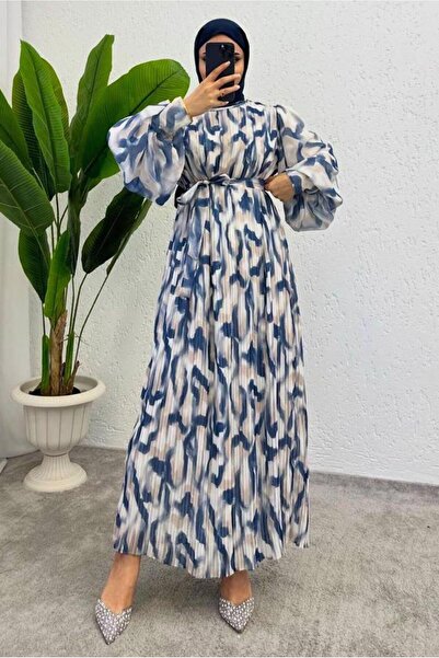TRENDTESETTÜR KADIN LACİVERT (İNDİGO) KUŞAKLI ŞİFON ELBİSE T 0985-1