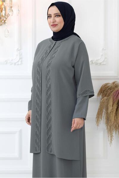 TRENDTESETTÜR KADIN GRİ TAŞ İŞLEMELİ ABİYE ELBİSE T 7321
