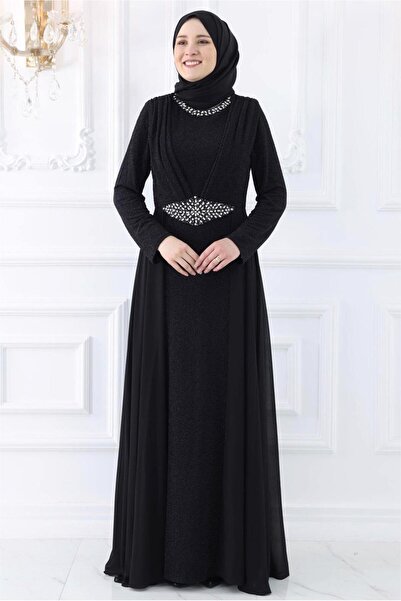 TRENDTESETTÜR KADIN SİYAH SİMLİ TAŞLI ABİYE ELBİSE T 2753