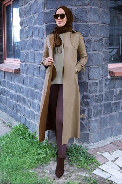 TRENDTESETTÜR KADIN BEJ (K.BEJ) KEMERLİ SÜET TRENÇKOT T 5627