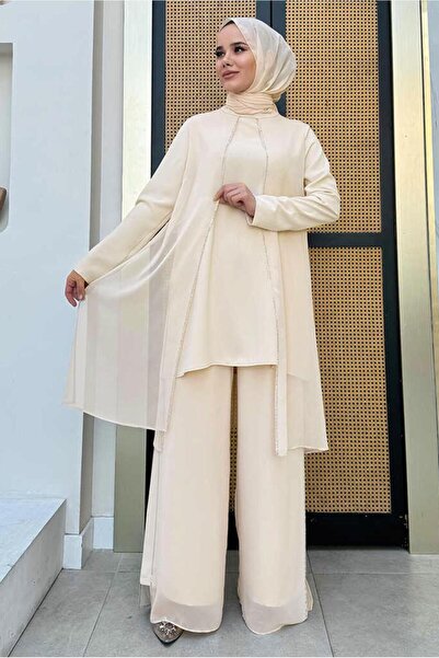 TRENDTESETTÜR KADIN BEJ (TAŞ) TAŞLI PANTOLONLU TAKIM T 7848