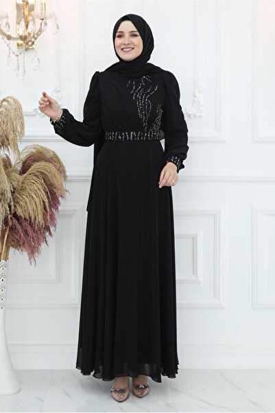 TRENDTESETTÜR فستان سهرة نسائي بحزام أسود مزين بالأحجار T 9553
