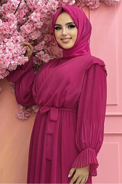 TRENDTESETTÜR KADIN FUŞYA PİLİSELİ ŞİFON ELBİSE T 4263