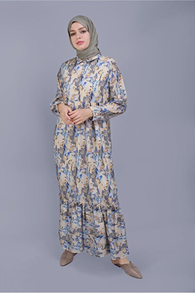 TRENDTESETTÜR KADIN BEJ DESENLİ VOLANLI ELBİSE 00001
