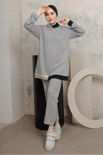 TRENDTESETTÜR KADIN GRİ ÜÇ RENKLİ BOĞAZLI PANTOLONLU EŞOFMAN TAKIM T 2043
