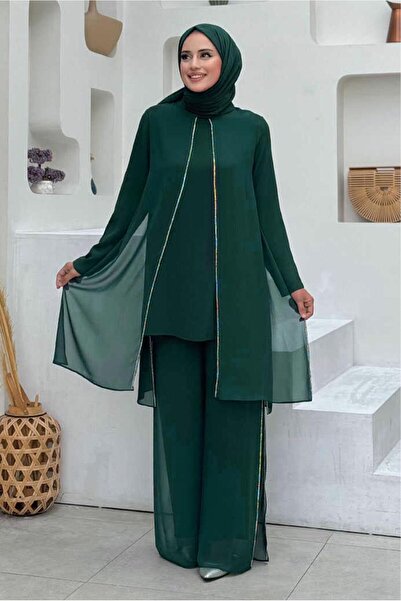 TRENDTESETTÜR KADIN YEŞİL (ZÜMRÜT) TAŞLI PANTOLONLU TAKIM T 7848