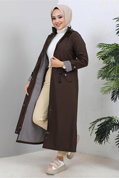 TRENDTESETTÜR KADIN KAHVE KAPÜŞONLU TRENÇKOT T 0107