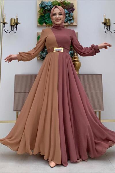 TRENDTESETTÜR فستان شيفون نسائي وردي (وردي مجفف) بلونين مع حزام T 6083