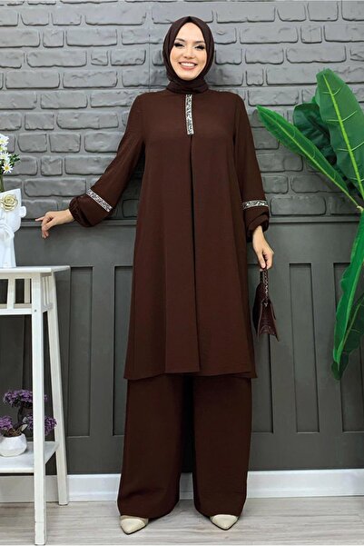 TRENDTESETTÜR KADIN KAHVE TAŞLI PANTOLONLU TAKIM T 4648