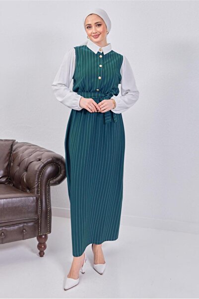 TRENDTESETTÜR KADIN MAVİ (PETROL) KUŞAKLI ÇİZGİLİ ELBİSE T 6093