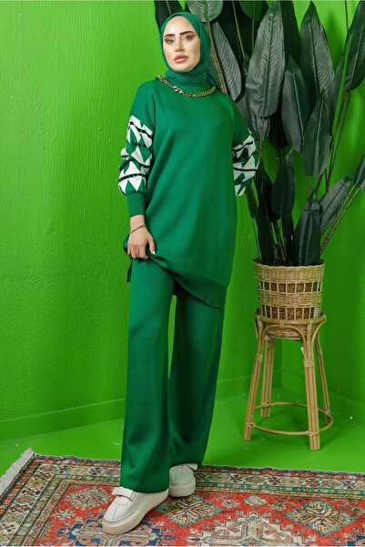 TRENDTESETTÜR KADIN YEŞİL (BENETTON) KOLU DESENLİ ZİNCİR DETAYLI PANTOLONLU T...