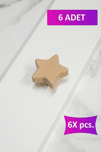 merbiles 6 Adet Yıldız Şekilli Ahşap Kulp Çocuk Bebek Odası Mobilya Kulpu Dol...